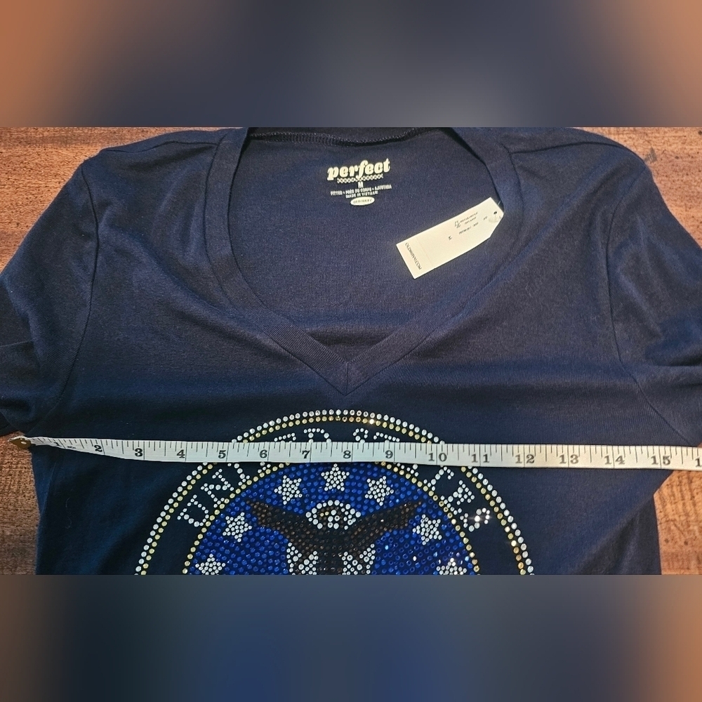 Old Navy Perfect Fitted V-Neck Long Sleeve Air Force Rhinestones Tee Sz MED NWT - Picture 11 of 12